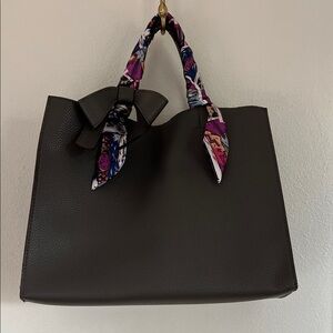 Chic Gray Tote with Patterned Scarf Twilly Handle